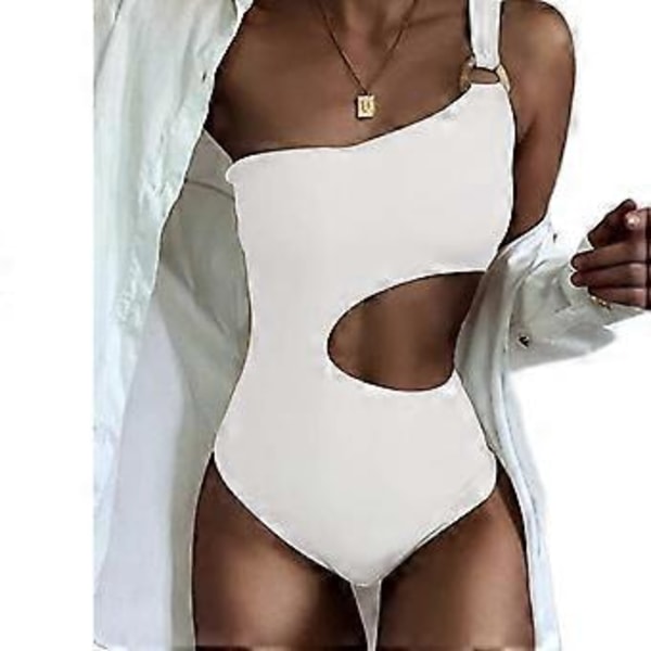 Dam One Shoulder Randig Högt Skuren Baddräkt Baddräkter Tanga (M Vit)