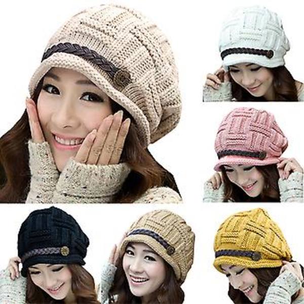 Dames Strikket Hæklet Beanie Hat Stræk Løstsiddende Vintervarmer Ski Slouch Cap (Pink)