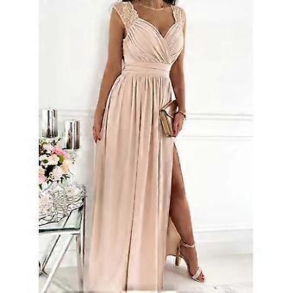Dam Enfärgad A-linje Slim V-ringad Klänning Ärmlös Spetslapp Backless Split Maxi Lång Klänning (XL svart)