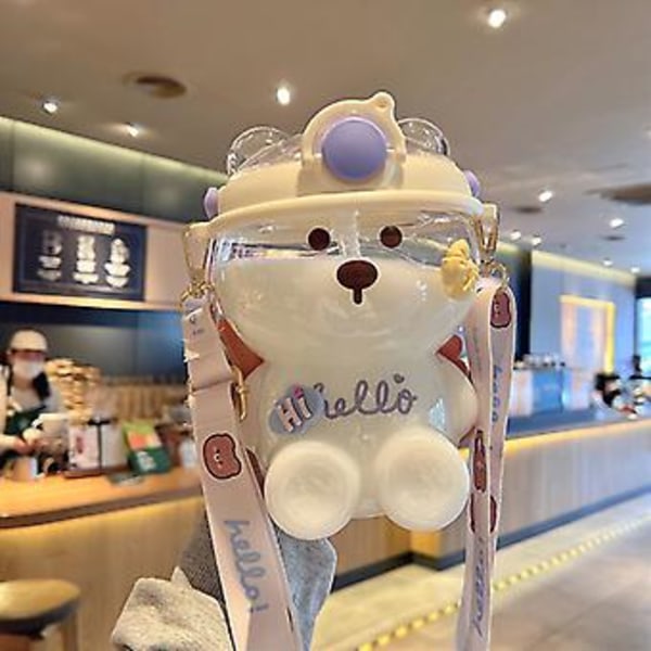 Kawaii Bjørn Barnestrå Vannflaske Jenter Bærbar Stropp Store Flasker Vannkopp (Hvit (1000ml))