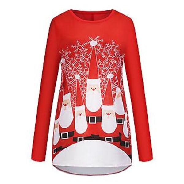Glædelig Jul Kvinder Dame Rundhals Xmas Trykte Toppe Casual Festival Langærmet T-shirt Tee(2XL)
