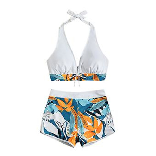 Kvinnors Padded Bikini Set med Lövtryck, Halterneck-BH, Slips-Topp, Hög Midja, Pojk-Shorts, Baddräkt, Sommarstrandkläder (2XL Vit)