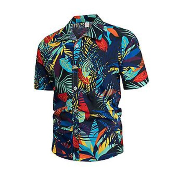 Kortärmad Tryckt Skjorta Herrar Snygg Casual Nedåtvänd Krage Knappuppknäppning Strandskjorta För Semesterfest (3XL Mörkblå)