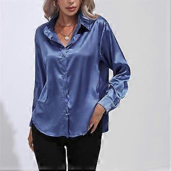 Vår Høst Sateng Bluse Imitert Silke Langermet Skjorte for Dame Plus Size Løse Topper (L blå)