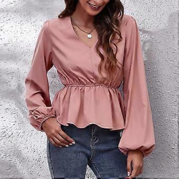 Blus V-ringning Puff Långärmad Midjesmickrande Enfärgad Trendig Topp för Kvinnor Rosa XL