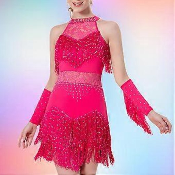 Dame Danse Kvaster Frynsekjole Glitrende Stilfuld Glitterkjole til Festival Tango (Rose Rød M)
