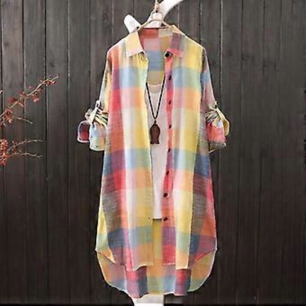 Dame Skjorte Plaid Print Kontrastfarve Uregelmæssig Kant Enkeltknappet Langærmet Revers Oversized Blød Åndbar Top (XL sort hvid)