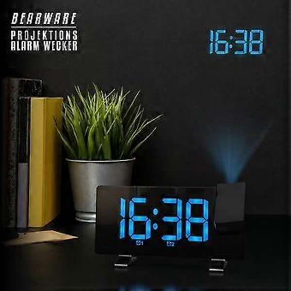 Projektionsväckarklockradio med 2 Alarm, FM-radio, Uppfällbar Projektion, Automatisk Dimmer, 15 Minneskanaler, 3 Ljusstyrkenivåer