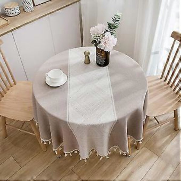 Runt bordduk med ränder i lantlig stil, rund, med fransar, geometrisk jacquard, dammskyddande, för kök, matsal, bordsprydnader (kaffe, diameter