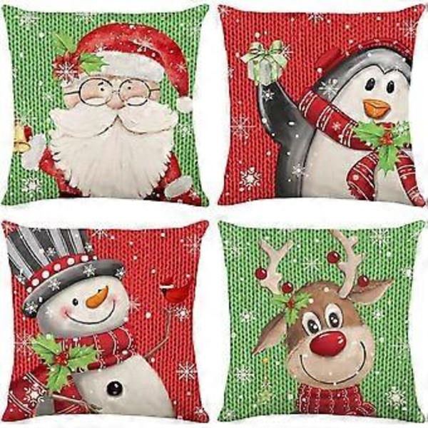 Jul Kuddar 18x18 Tum, Set om 4, Linne Snögubbe Älg Jul Kuddfodral Tomte Kuddfodral