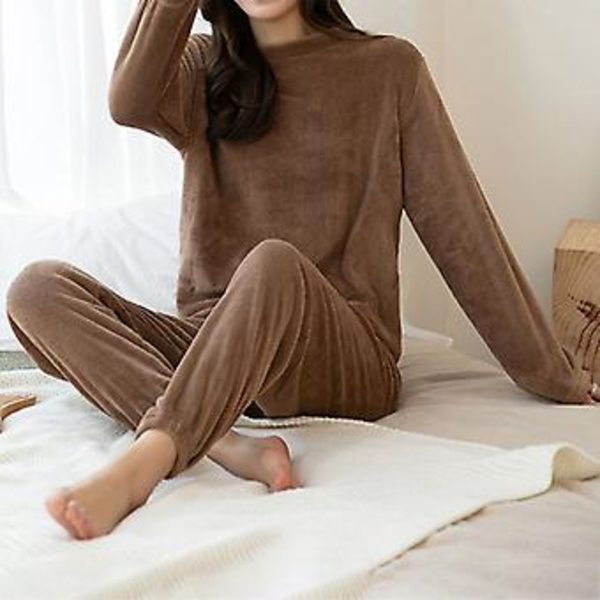 Dam Sweatshirts Set i Solid Färg Mjuk & Varm Korall Fleece Pyjamas Elastisk Hem & Midja Lång (XL Choklad)