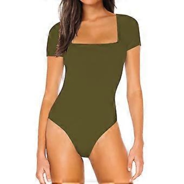 Korte Ærmer Bodysuit Kvinder Elegant Slim Fit Ren Farve Trykknap Bodysuit til Cocktail Party (2XL OD Grøn)