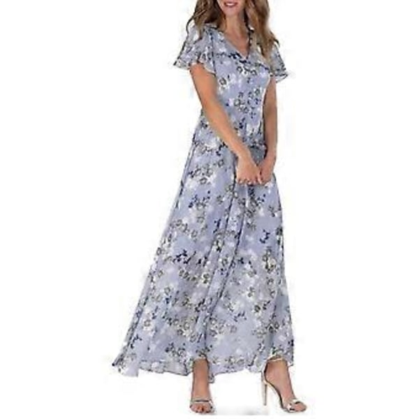 Maxiklänning med V-ringning, volangärm, kort ärm, åtsittande midja, hög midja, böljande fåll, sött blommönster, chiffongklänning, damkläder (3XL ljuslila)
