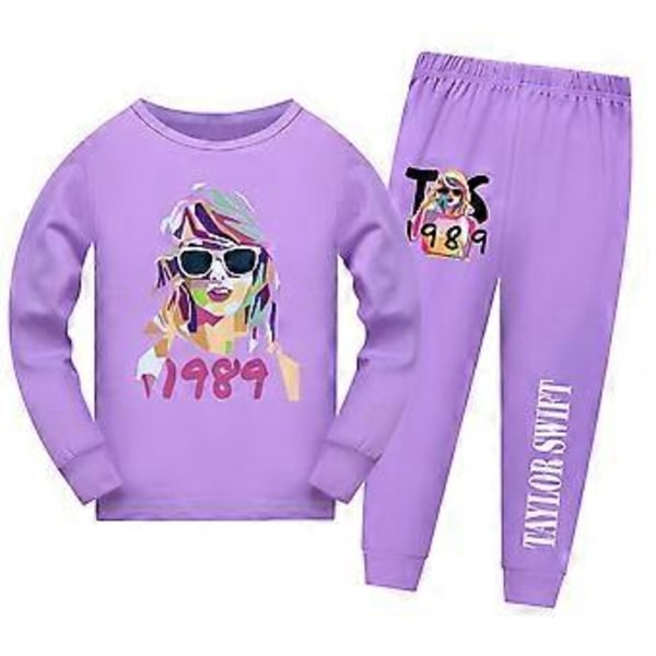 Barnens Taylor Swift Långärmade Pyjamas Set, Långärmad T-shirt och Byxor, Sovkläder, Nattkläder (9-10 År Lila)