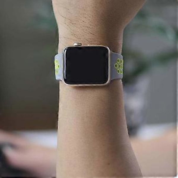 Kompatibel med Apple Watch Band 38-40mm/42mm-44mm, Andningsbar Silikon Sportbyte - 42/44mm kall silver med fluorescerande gul