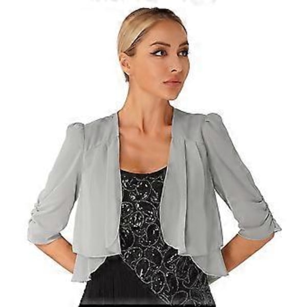 Fashionabla Dam Halv Ärm Kort Kofta Bolero Chiffong Capes för Aftonklänningar (L grå)