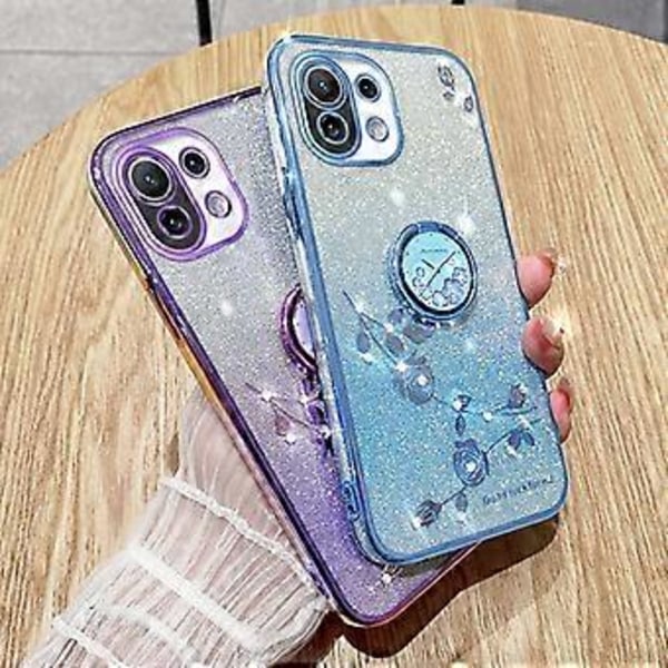 KADEM Deksel med Støtte for Xiaomi Mi 11 Lite 4G/5G/11 Lite 5G NE, Rhinestone Blomst TPU Deksel (Rose Gull)