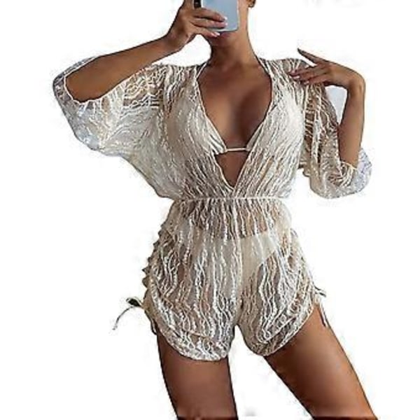3-delars Dam Badkläder Set BH Hög Skuren Trosor Sommar Badkläder Med Omslag (XL Beige)