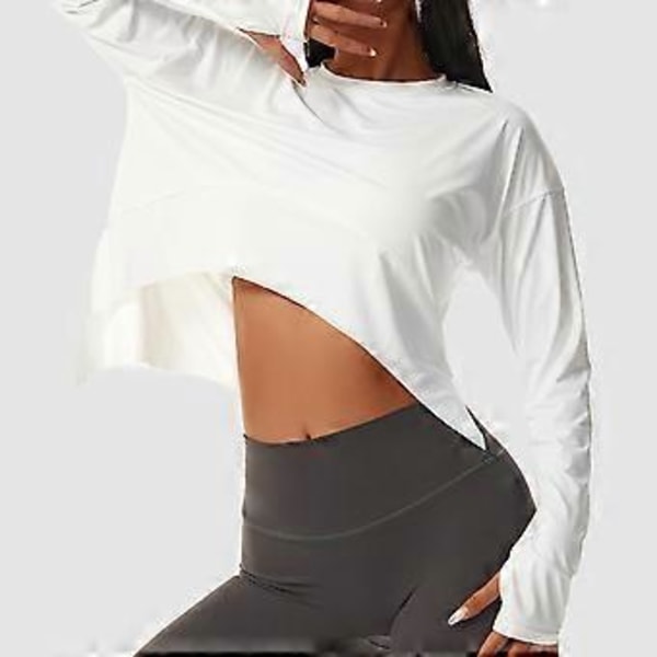 Kvinders Langærmet Træningsskjorte Løstsiddende Tommelhul Flowy Strækbar Yoga Atletisk Casual Top (XL Hvid)