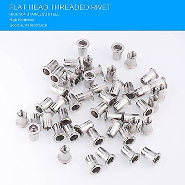 60 st M6 nitar, 304 rostfritt stål nitar mutter insats keps kit, platt huvud gängade nitar muttrar (M6)
