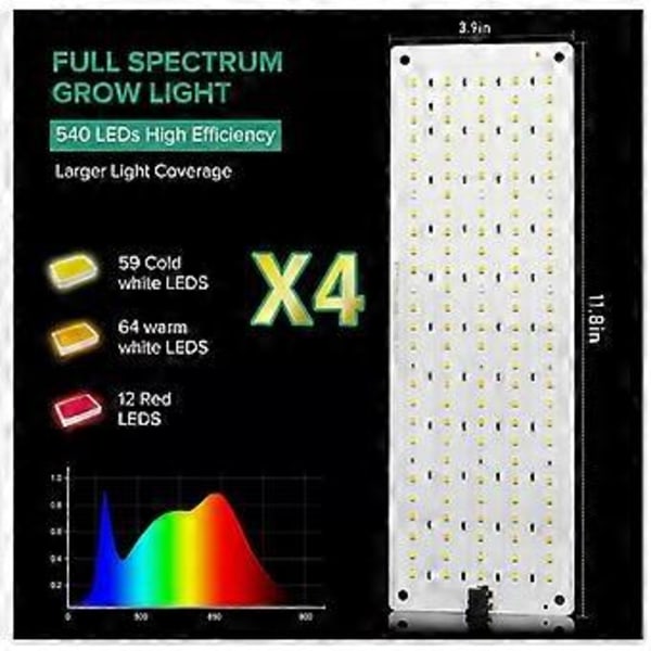 540 LED Växtlampa Fullspektrum Inomhus Växtlampa 4 Paneler Dimbar Timer