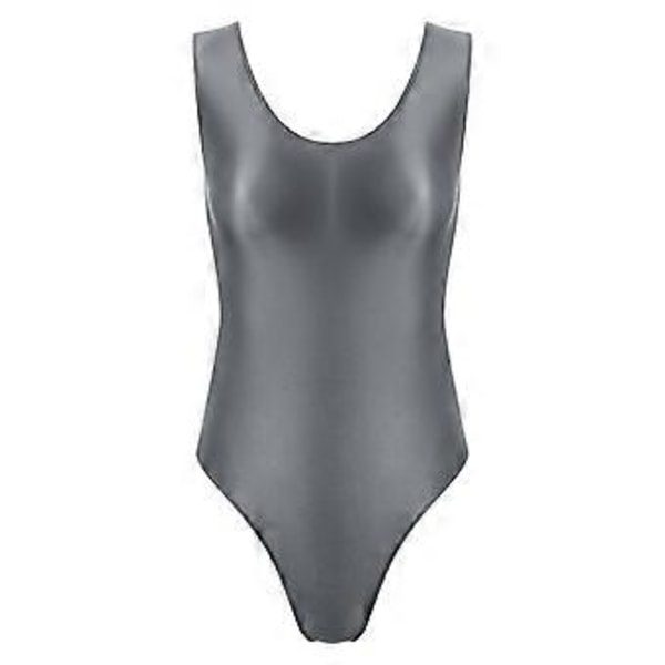 Glansig rygglös bodysuit för damer, baddräkt för poolparty, högt skuren ärmlös trikå för sportträning yoga (L mörkgrå)