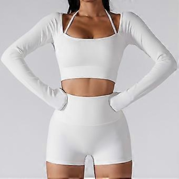 Yogatopp för kvinnor, Fitness, Rundhalsad, Halter, Långärmad, Tumhål, Träningskläder, Sportkläder med bröstkudde (XL Vit)