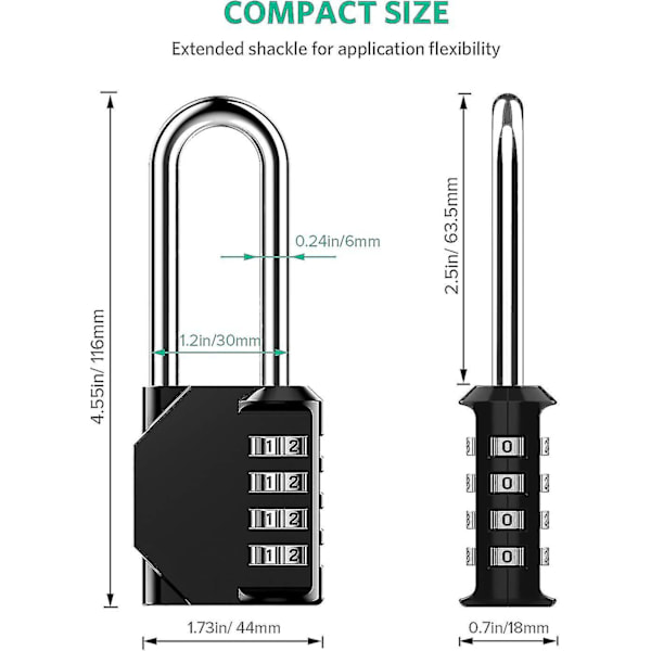 2 stk kombinasjonslås - værbestandig hengelås - tilbakestillbar lås - 2,5 tommer lang bøyle 4-sifret sinklegering kombinasjonslås for skur Fe