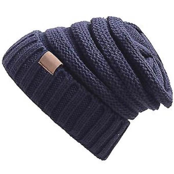 Damer Strikket Slouch Hat Vintervarmer Stræk Løse Beanie Caps (Marineblå)