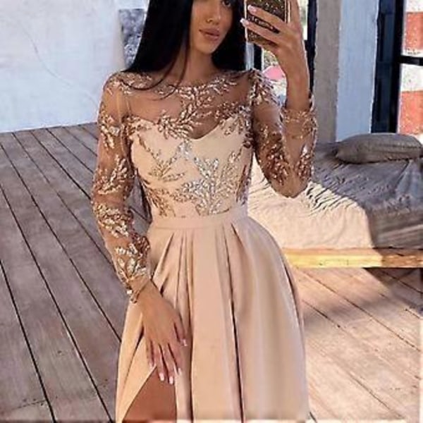 Dammode Festklänning Långärmad Spets Rund Hals Aftonklänning För Semester Födelsedagsoutfit( S)