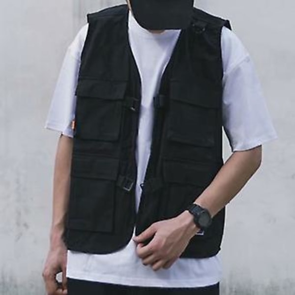 Veste med mange lommer, spænderlukning, solid farve, ærmeløs, tynd, udendørs cargovest til fiskeri (2XL sort)