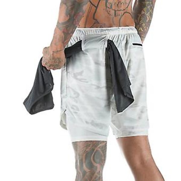 Mænds Løbeshorts Casual Udendørs Løse Multi-lomme Dobbeltlags Fitness Shorts til Fitness (M 09 Hvid Camouflage)
