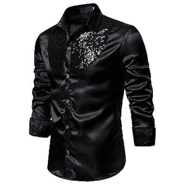 Mænd Sequin Slim Fit Knapløs Skjorte Fest Langærmet Kjole Skjorte Casual Tops (M Sort)