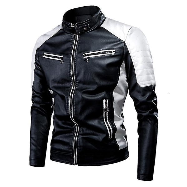 Men Motorcycle Leather Jacket Stand Collar Vintage Zipper Biker Coat Racer Outerwear Black XXXL