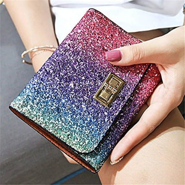 Metallpaljetter Liten Plånbok PU Läder Patchwork Hasp Mini Plånbok för Kvinnor Flickor Pengar Plånbok Kort Myntväska