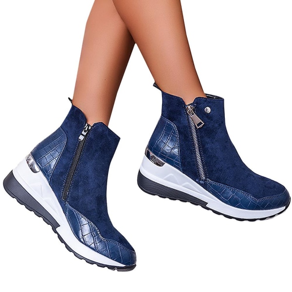 Women Wedge Ankle Boots Zip High Top Sneakers Trainers Shoes Blue 40