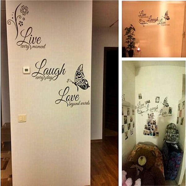 Live Love Laugh Set med 3 Motiverande Väggdekaler, Inspirerande