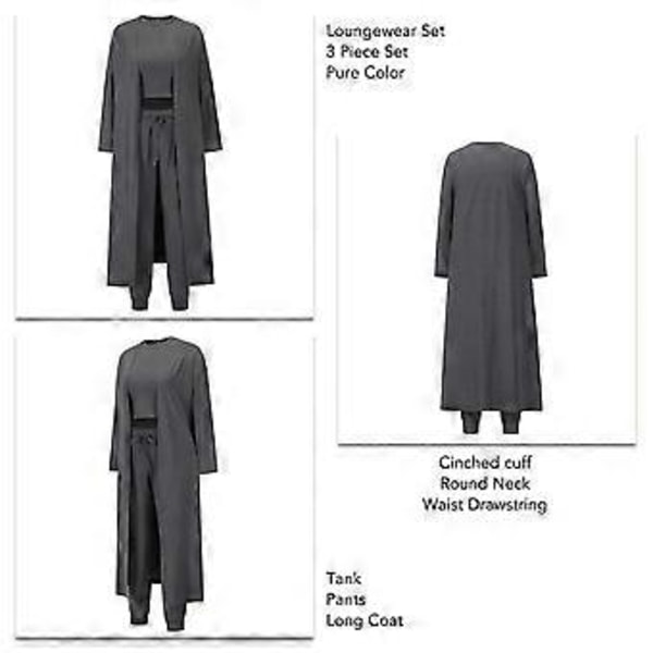 3-delt pysjamassett for kvinner, høst- og vinterhjemmeantrekk, 3-delt loungewear-sett, vest, bukser, cardigan (M grå)