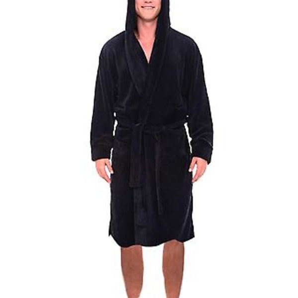 Langærmet Lommebælte Ensfarvet Mænds Badekåbe Vinter Varmt Hætte Lang Fleece Hjemmekjole Nattøj (4XL Sort)