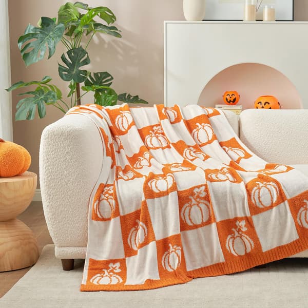 130cm*150cm Efterår Græskar Ternet Fleecetæppe, Halloween Indretning Plaid, Blødt Hjemme Sofa Lur Tæppe
