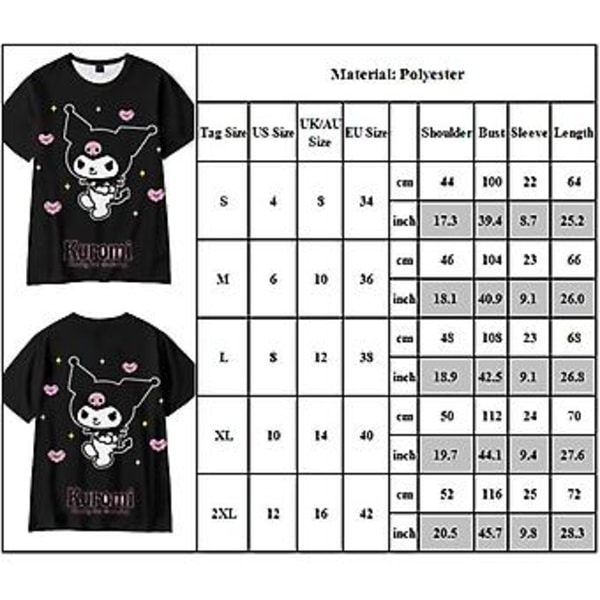 Kuromi Kawaii Style Anime T-shirt til Kvinder Teenagere Tee Kortærmet Rundhals Harajuku Mode T-shirts (M)