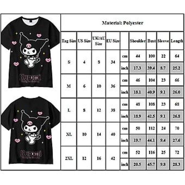 Kuromi Kawaii Style Anime T-shirt til Kvinder Teenagere Tee Kortærmet Rundhals Harajuku Mode T-shirts (S)