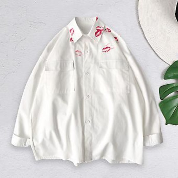 Skjortejakke med revers, lange ermer, klafflommer, enkeltradet, for menn, vår/høst, kyssprint, casual (2XL hvit)