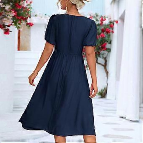 Naisten mekko, kierretty solmu, V-kaula, lyhyet pörröhihat, löysä helma, rento pitkä mekko päivittäiseen käyttöön (S Purplish Blue)