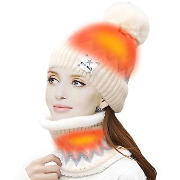 USB Opvarmet Beanie Hat og Halsvarmer Blød Åndbar Plys Tyk Ski Beanie Hat Sæt til Kvinder til Løb Ski (Hvid)