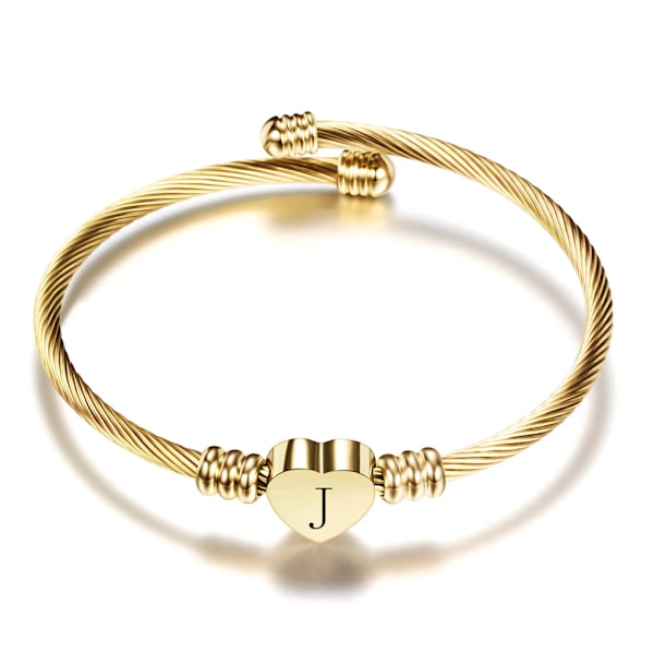 Women Gold Plated Heart Initial J Letter Cuff Bracelets Expandable Stainless Steel Birthday Jewelry