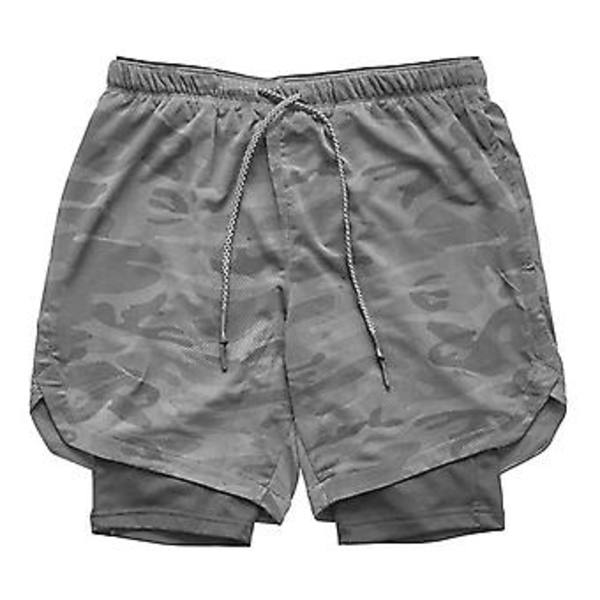 Löparshorts för män, avslappnade utomhus, lösa, med flera fickor, dubbellager, träningshorts för träning (L 09 Grå kamouflage)