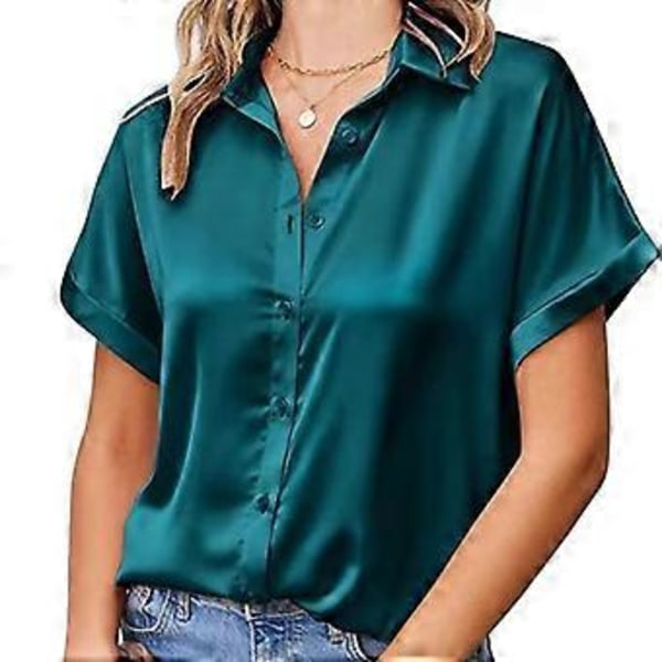Satinbluse for kvinner Svart Grønn Hvit Krage Knapp Kort Erme Topper Løs Bluse Dame (L grønn, blå)