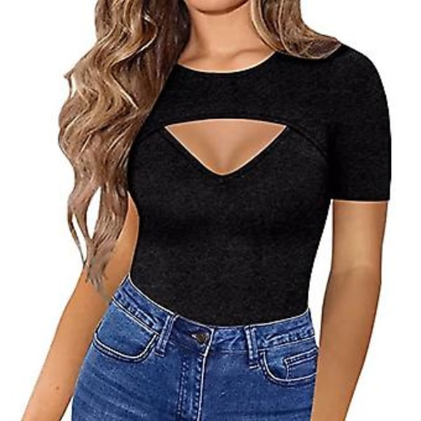 Kvindes Bluser med Udsnit Foran Kortærmet Bodycon Slim Fit Ren Farve Åndbar Trøje (XXL Sort)