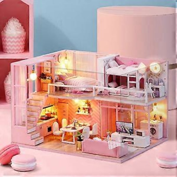 DIY Handgjord Miniatyr Rosa Flickas Träloftdockhusmodellkit Leksakspresent ( )